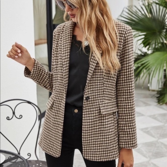 Khaki Tan Tweed houndstooth blazer jacket classic Work - Picture 7 of 9